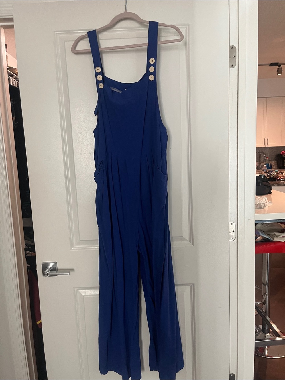 Wide-Leg Royal Blue Button-Strap Jumpsuit